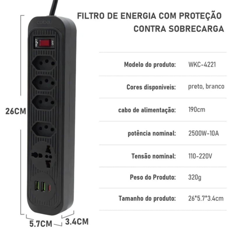 Extension Cable Outlet, Line Filter, USB Socket, Electric Extension, Electric Extension, Brazil Plug, 110V-220V,10A,2M,